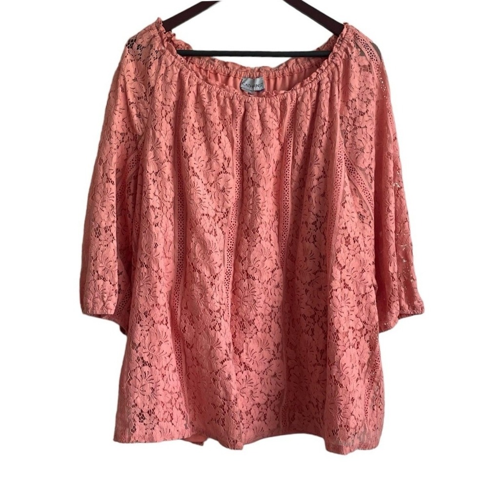 Catherines Women Cottagecore Boho Lace Top 2X Peach Floral Peasant Feminine